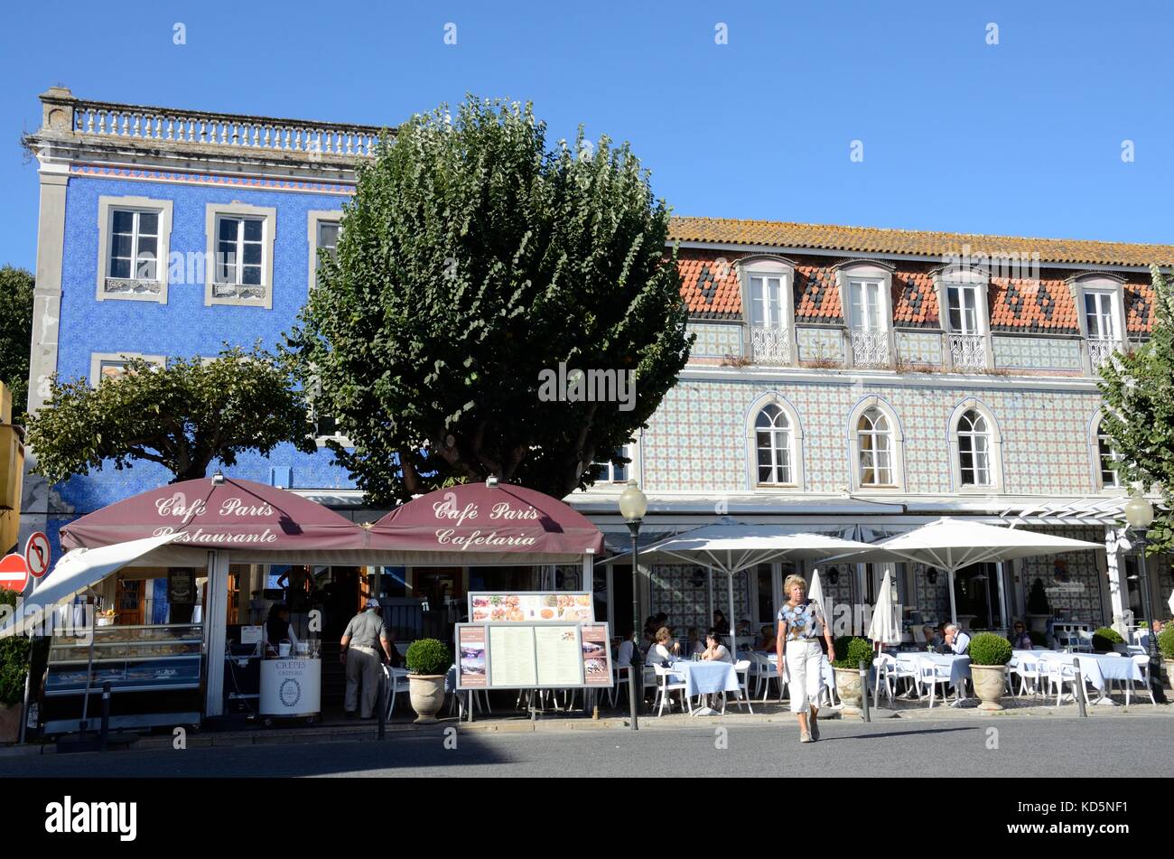 Street cafe restaurant with mosaic tile facade Sintra Portugal Stock Photo