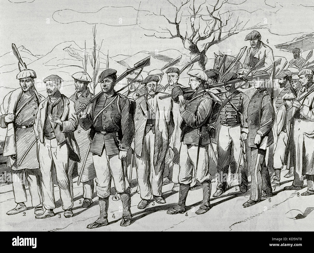 Third Carlist War (1872-1876). Presentation of Carlists to pardon at the headquarters in Alsasua (Navarra). Engraving by Jose Luis Pellicer Montseny.
