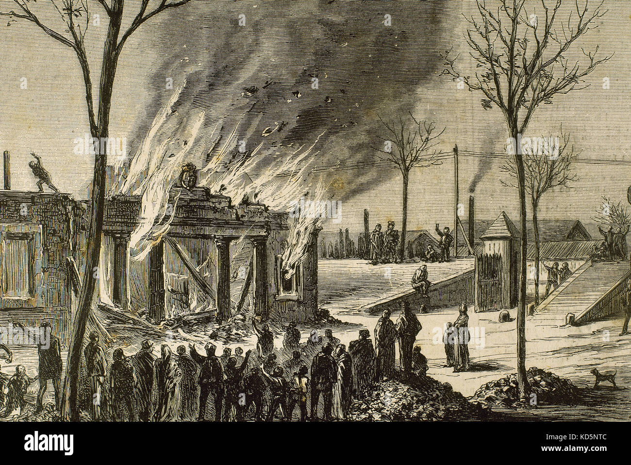 Spain. Catalonia. Barcelona. Fire in a house of the taxes' collection (fielato) in the outskirts of the Portal de San Carlos in 1872. Violent acts due to the unpopularity of the consumption tax. Engraving by Capuz. "La Ilustracion Espanola y Americana", 1872. Stock Photo