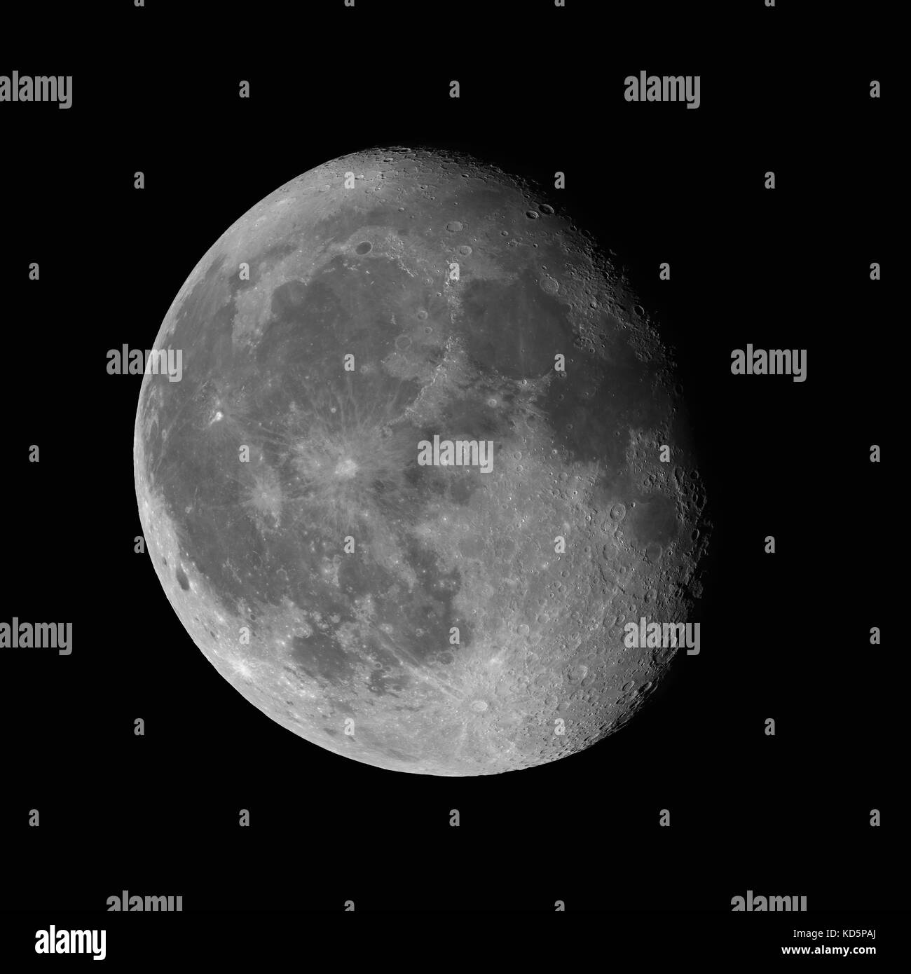 Moon Waning Gibbous 87% phase against black night sky high resolution image Stock Photo