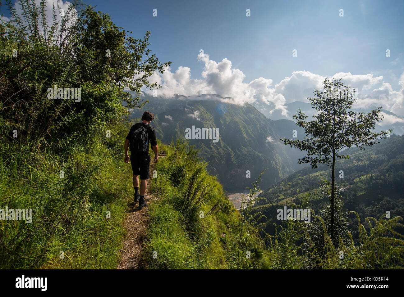 Hiking in the Indian Himalayas near the town of Munsiyari, Pithoragarh, Uttarakhand. Stock Photo