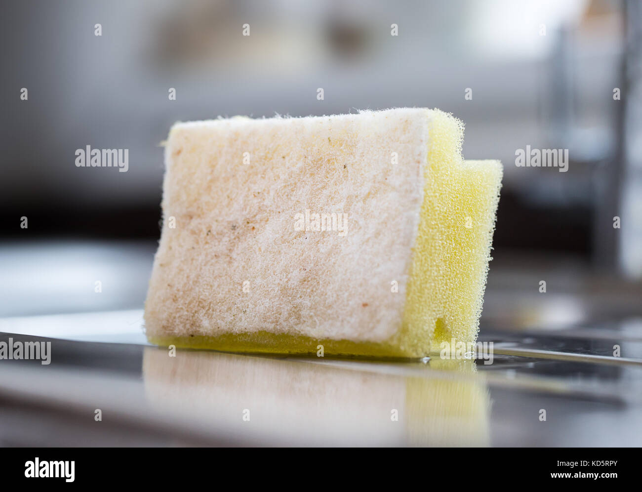 A used washing up sponge on a kitchen draining board Stock Photo