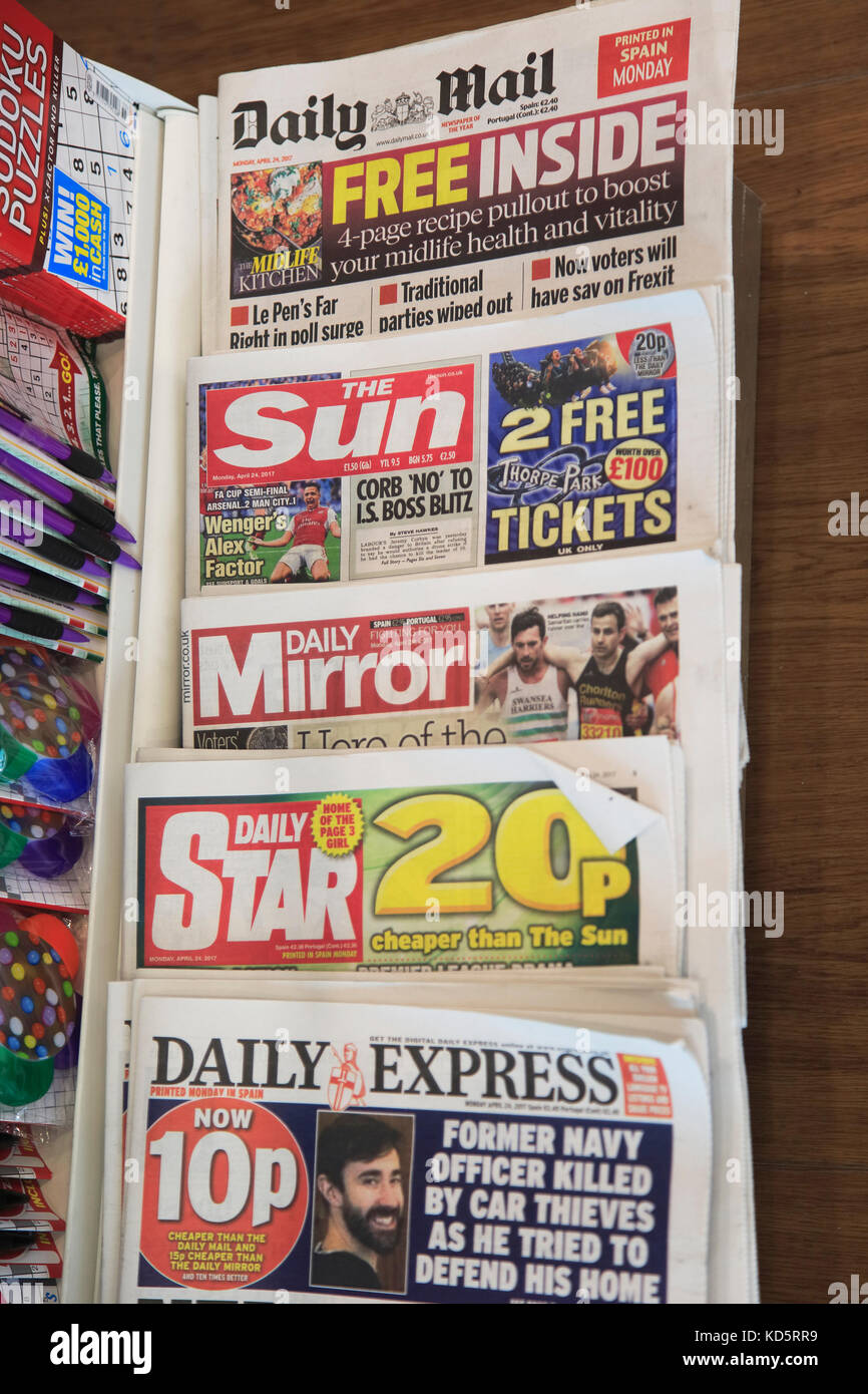 Display of British tabloid newspapers sale showing titles and mastheads Stock Photo