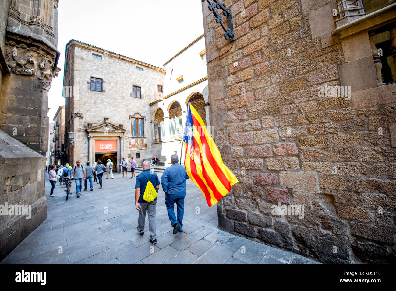 People with Catalonian flag in Barcelona Stock Photo