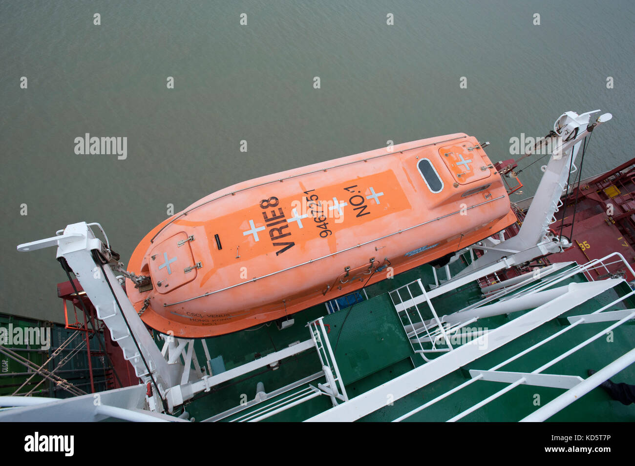 Emergency lifeboat on container ship - top view Stock Photo