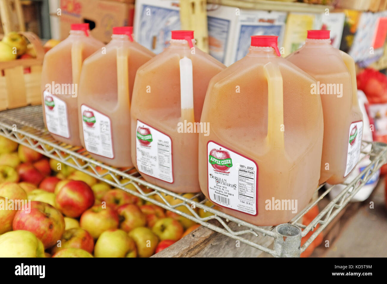 Fresh apple cider sold alongside fresh apples outside the Cleveland, Ohio West Side Market during the fall of 2017. Stock Photo