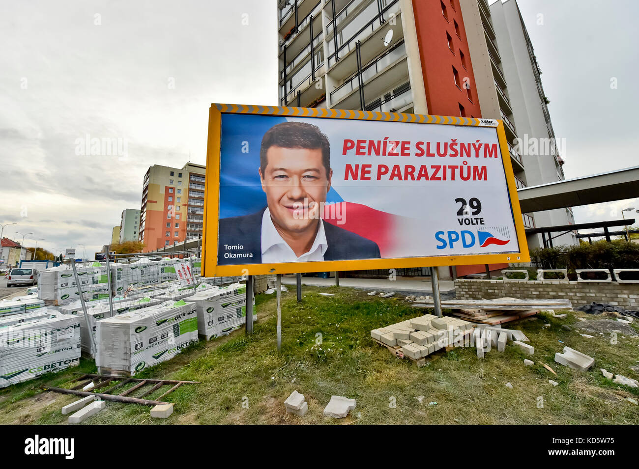 Billboard of SPD (Freedom and Direct Democracy), Tomio Okamura, Kladno, Czech Republic, October 4, 2017. Stock Photo