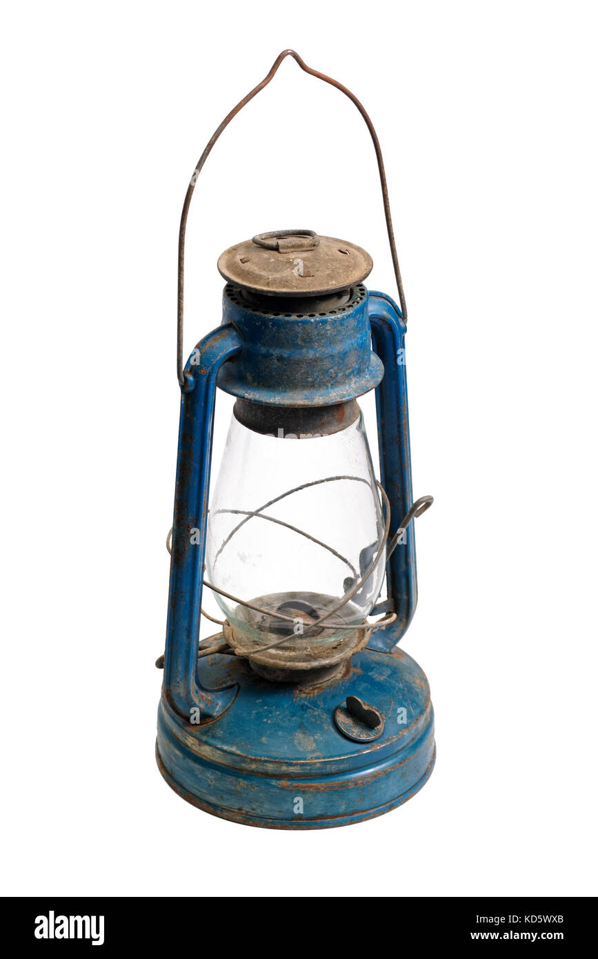 Isolated objects: very old shabby and rusty blue kerosene lamp, on white background Stock Photo