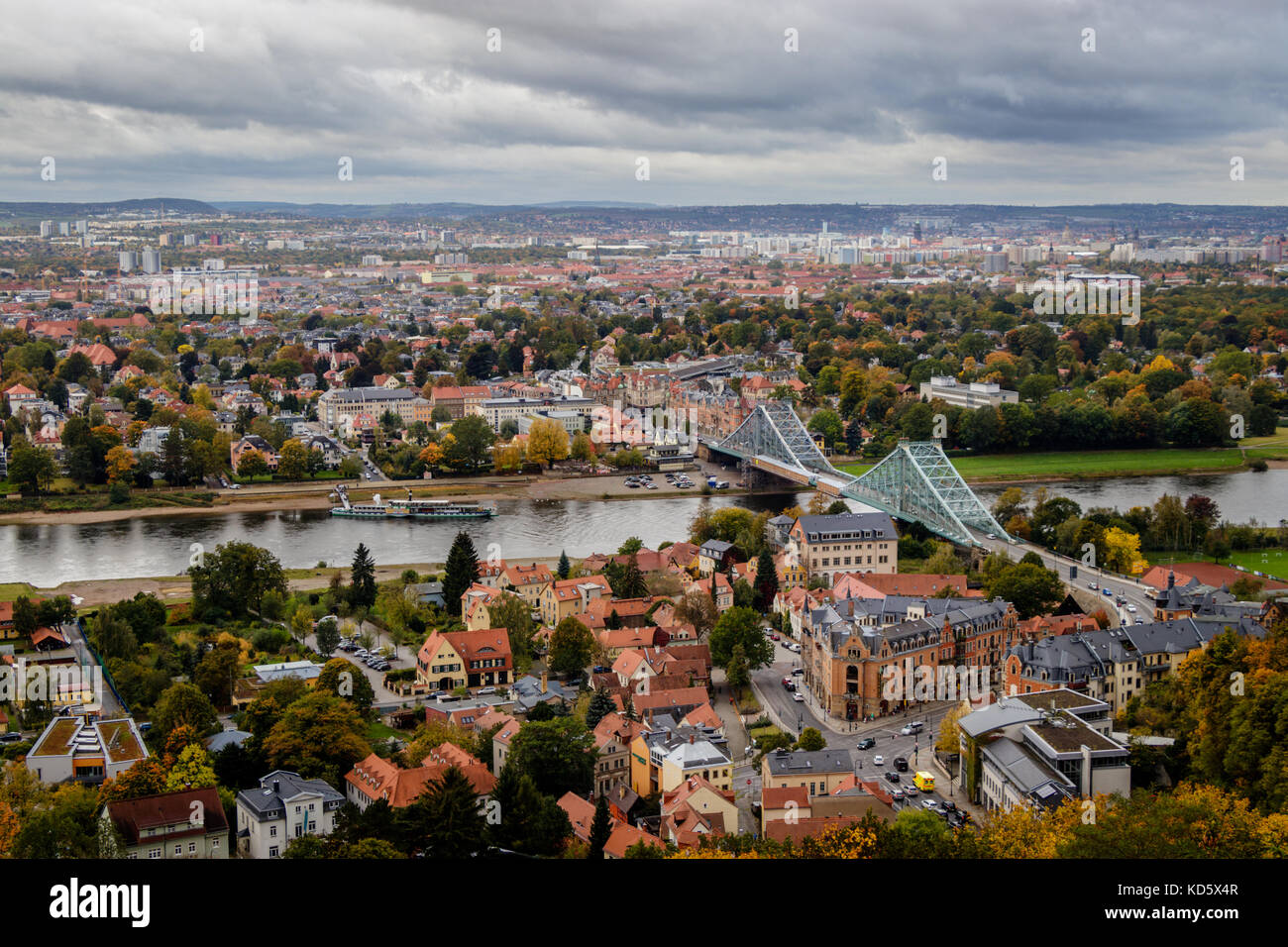 Cityscape from the Schwebebahn mountain station in Dresden Loschwitz with the spectacular Blaues Wunder. Stock Photo