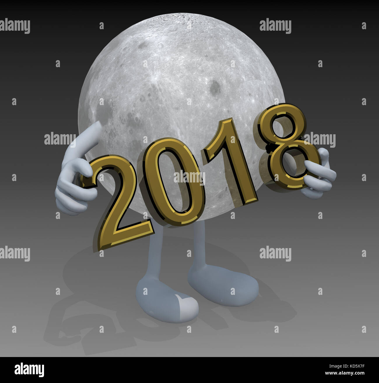 moon planet with arms, legs and the 3D inscription 2018, 3d illustration. Elements of this image furnished by NASA. Stock Photo