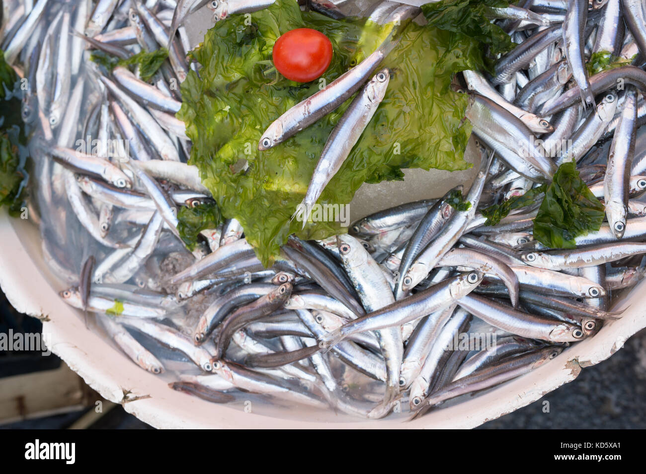 Anchovies, mediterranean fish at market in Naples, Italy Stock Photo