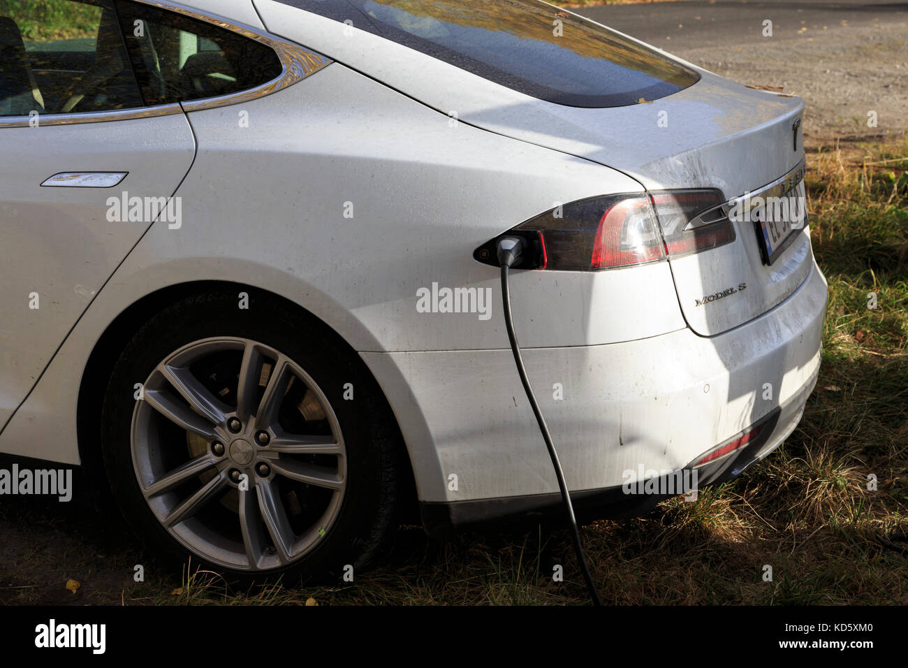 Autumn , 2017, Tesla model S fast sports car recharging lithium battery