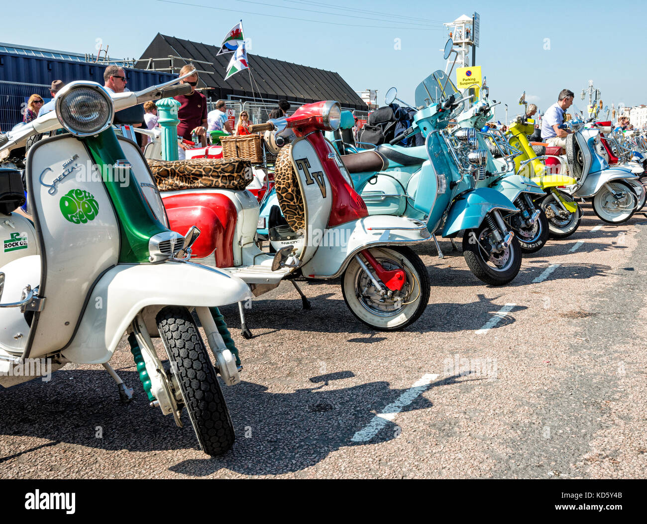 Brighton Mod Rally, August Bank Holiday Scooters lined up on show Stock Photo