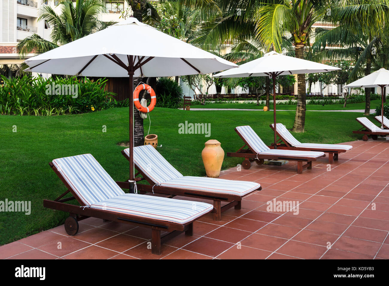Sun beds on the hotel near pool Stock Photo Alamy