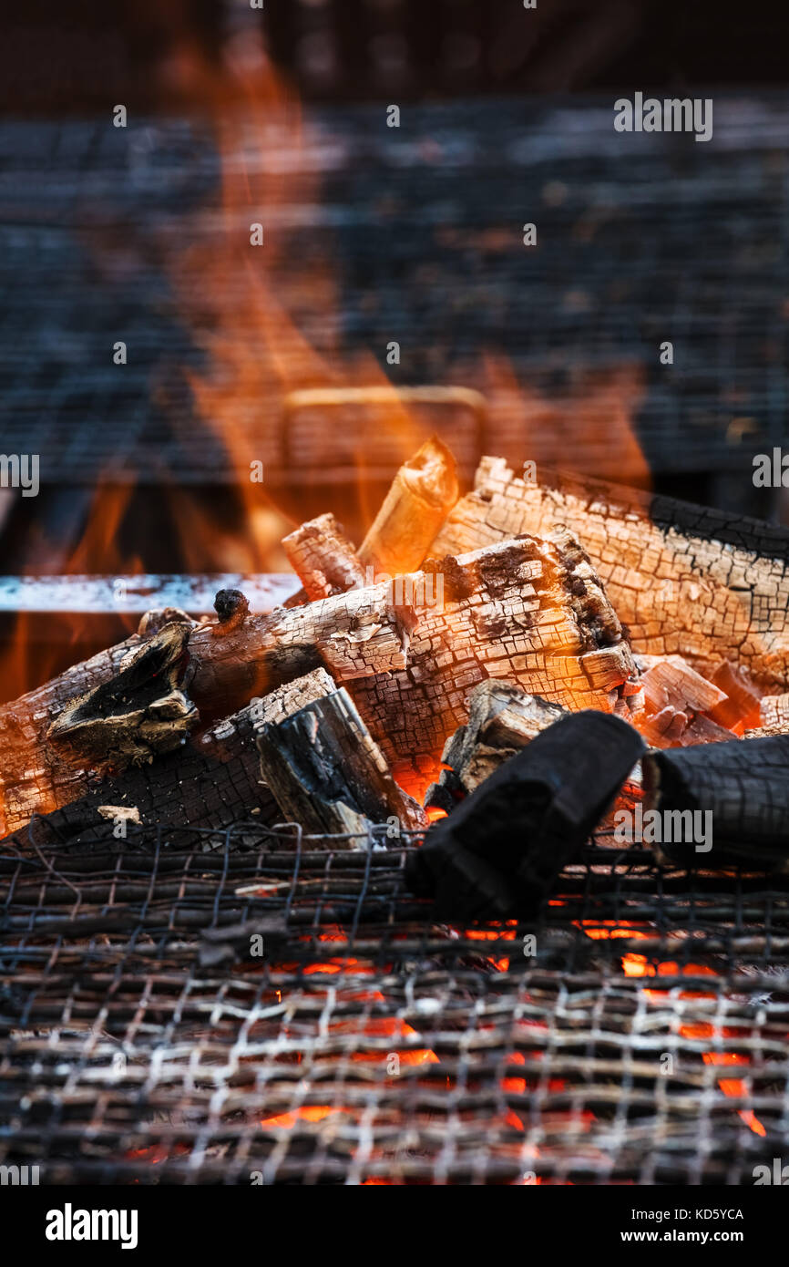 charcoal fire grill, close up with live flames Stock Photo