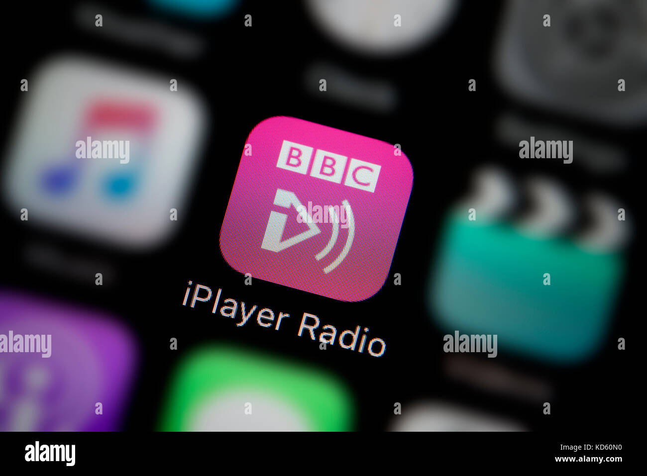 A close-up shot of the company logo representing the BBC IPlayer Radio app icon, as seen on the screen of a smart phone (Editorial use only) Stock Photo