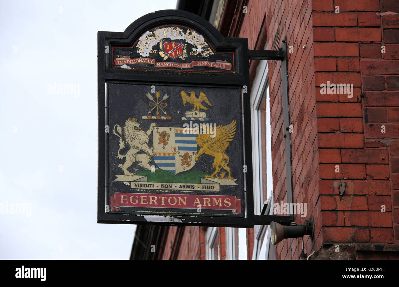 Old Joseph Holt pub sign outside the Egerton Arms in Salford Stock Photo
