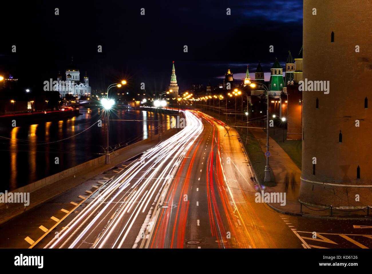 Road traffic and Kremlin night view Stock Photo