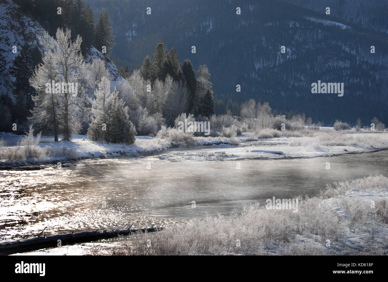 Ice forming on the Clark Fork River in Western Montana. Stock Photo