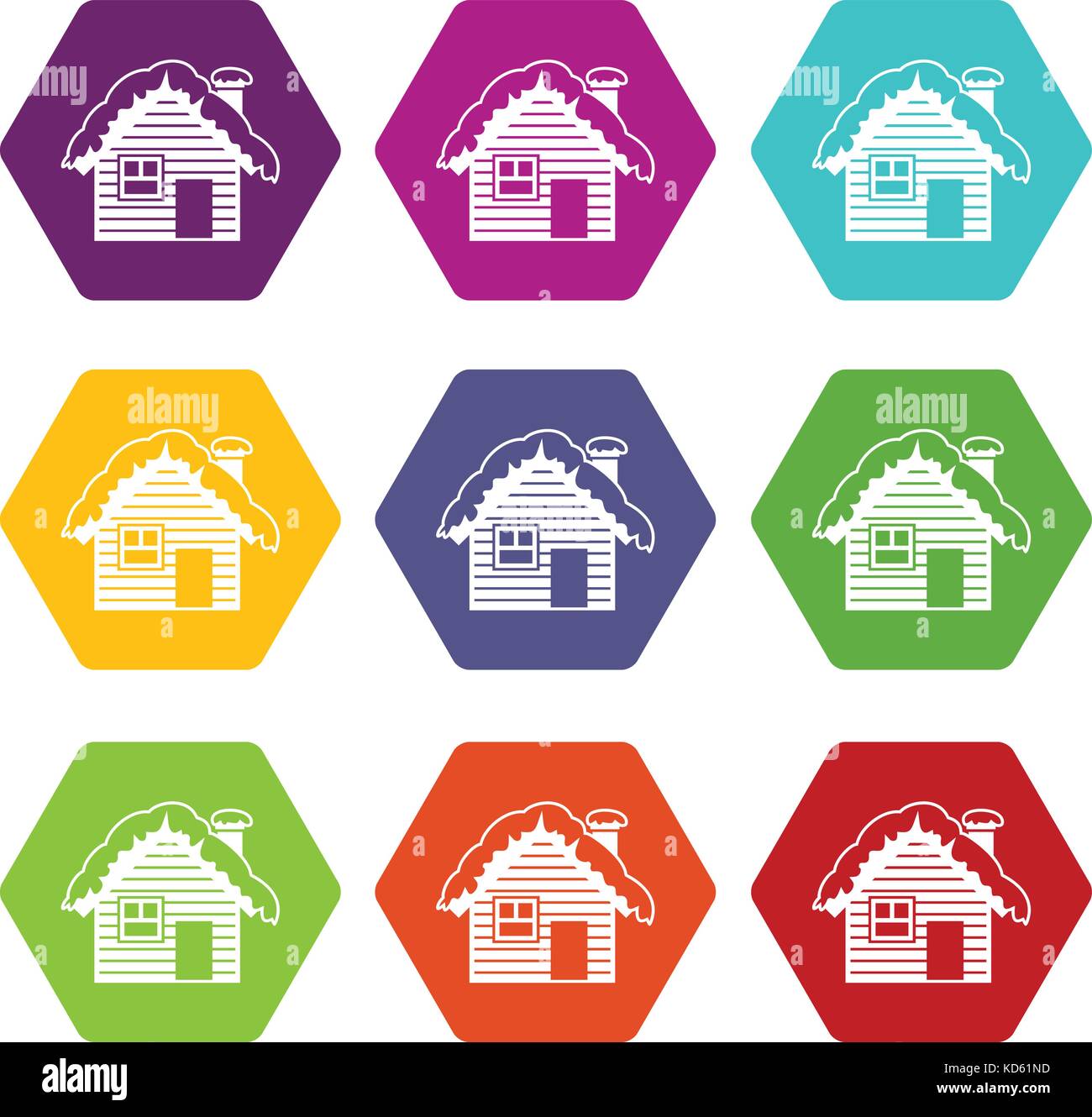 Wooden house covered with snow icon set color hexahedron Stock Vector ...