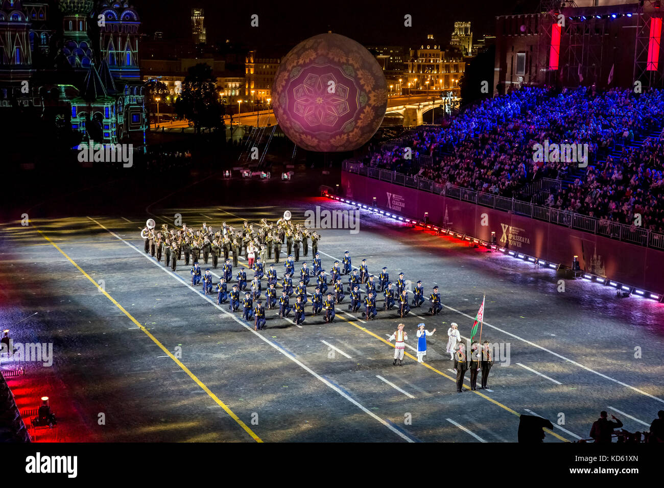 Performance of The Honor Guard and the Band of the Armed Forces of the Republic of Belarus on International Military Tattoo Music Festival “Spasskaya Tower” in Moscow, Russia Stock Photo