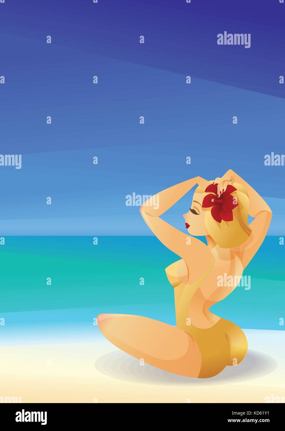 Pinup Curvy Blonde Girl On Ocean Shore Decorates Its Hair With A