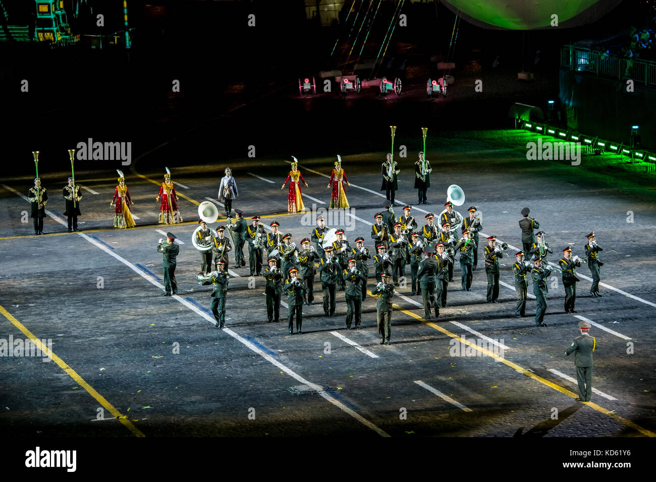 Performance of The Band of the Armed Forces of Uzbekistan on International Military Tattoo Music Festival “Spasskaya Tower” in Moscow, Russia Stock Photo
