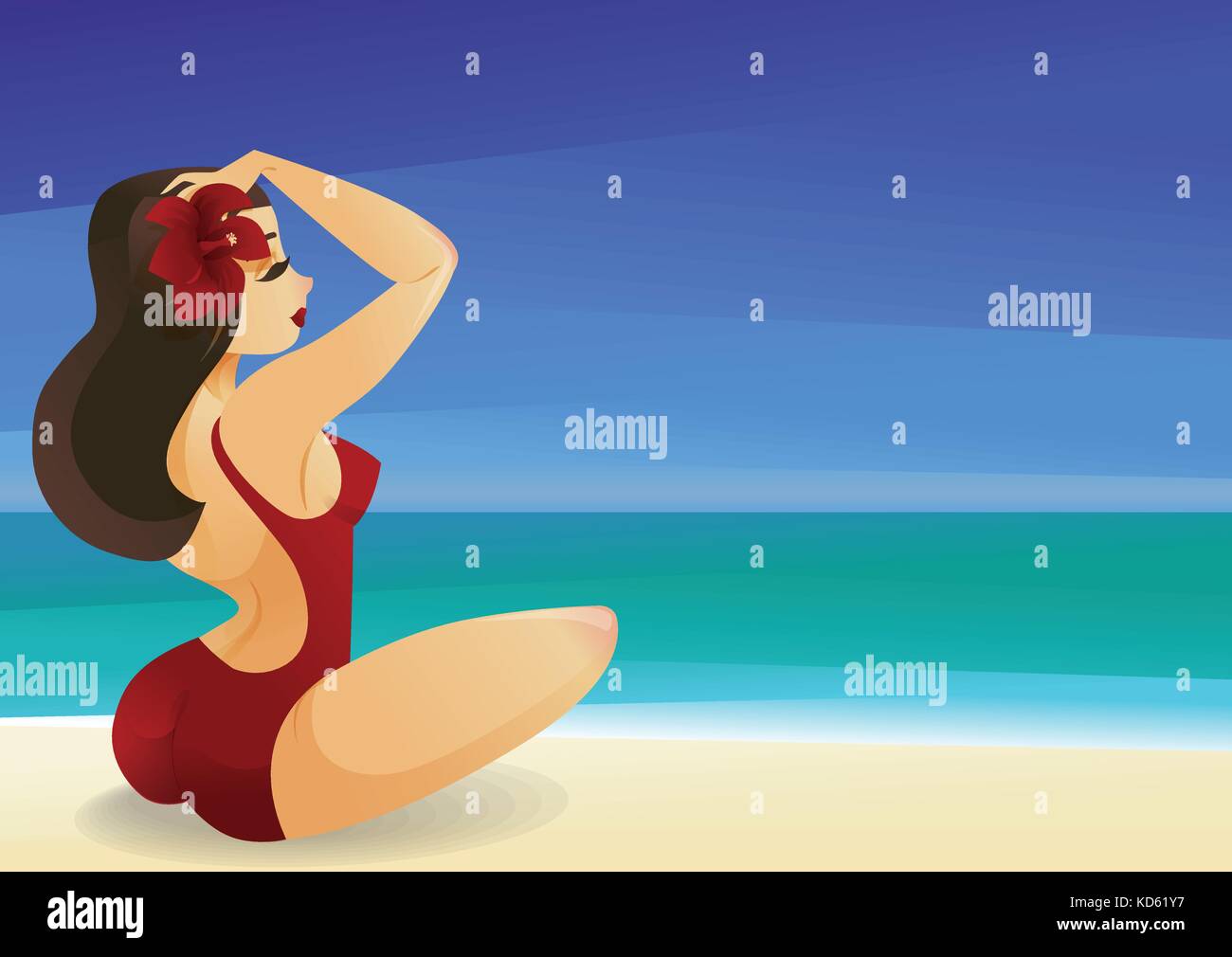 Pinup curvy brunette girl on ocean shore decorates its hair with Stock Vector