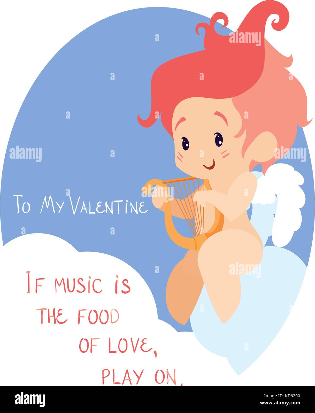 Cupid playing love song music on hurp. Handwritten fun quotation Valentines Day message Stock Vector