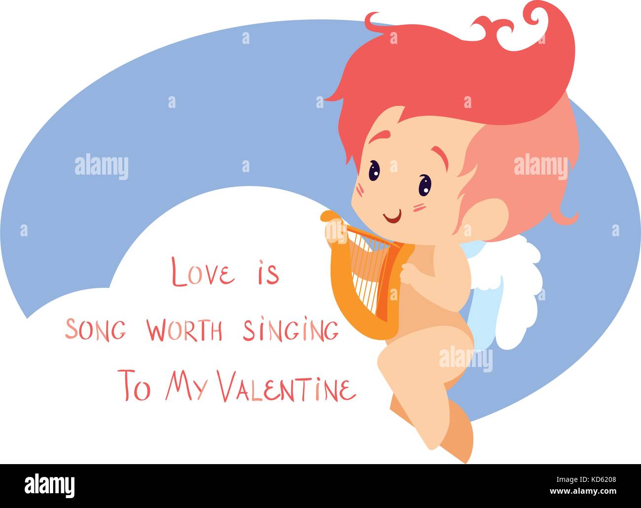 Cupid playing love song music on hurp. Handwritten fun quotation Stock Vector