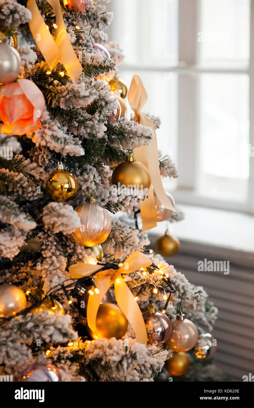 Green New Year tree decorated Stock Photo