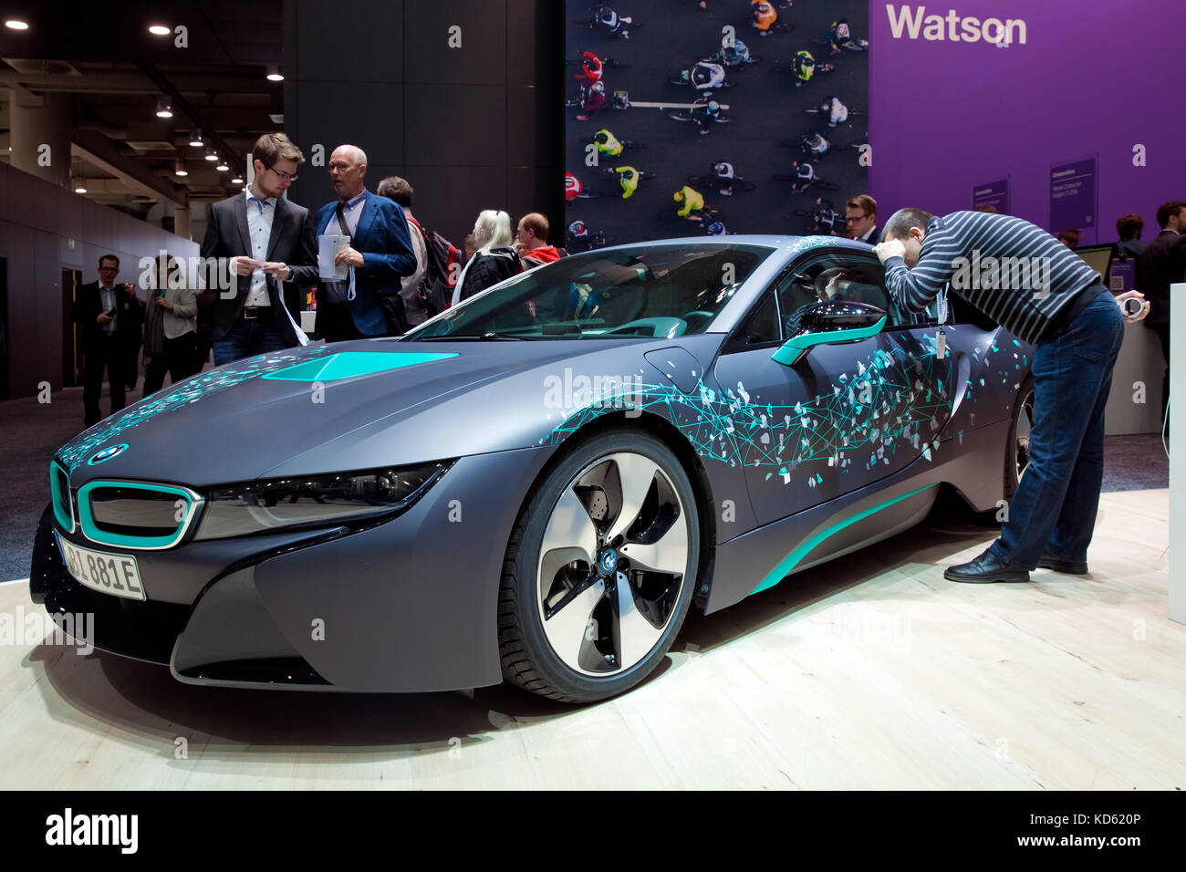 Self-driving BMW i8 Roadster and virtual reality Microsoft HoloLens by IBM company on exhibition fair Cebit 2017 in Hannover Messe, Germany Stock Photo