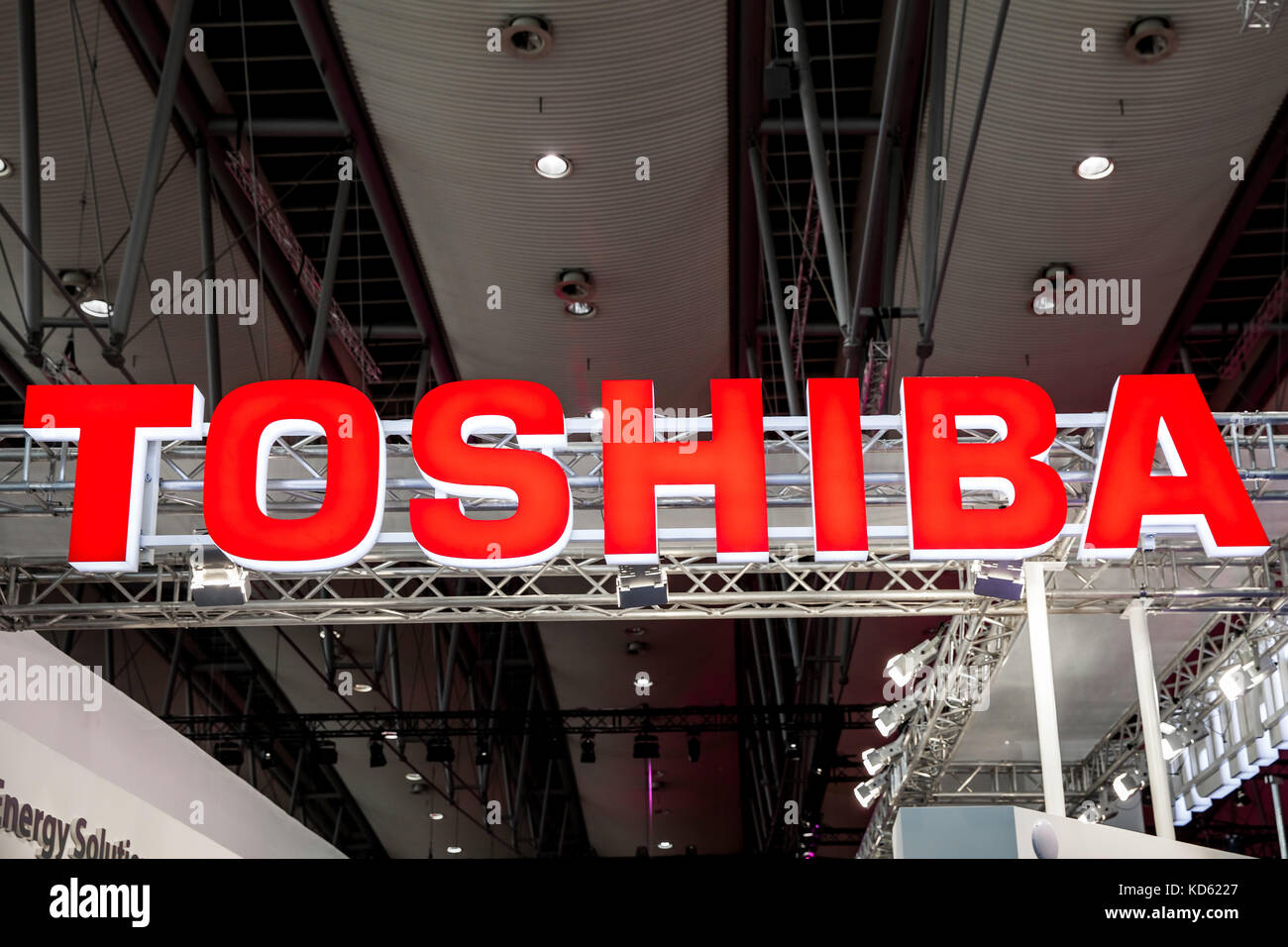 Toshiba company logo sign on exhibition fair Cebit 2017 in Hannover Messe, Germany Stock Photo