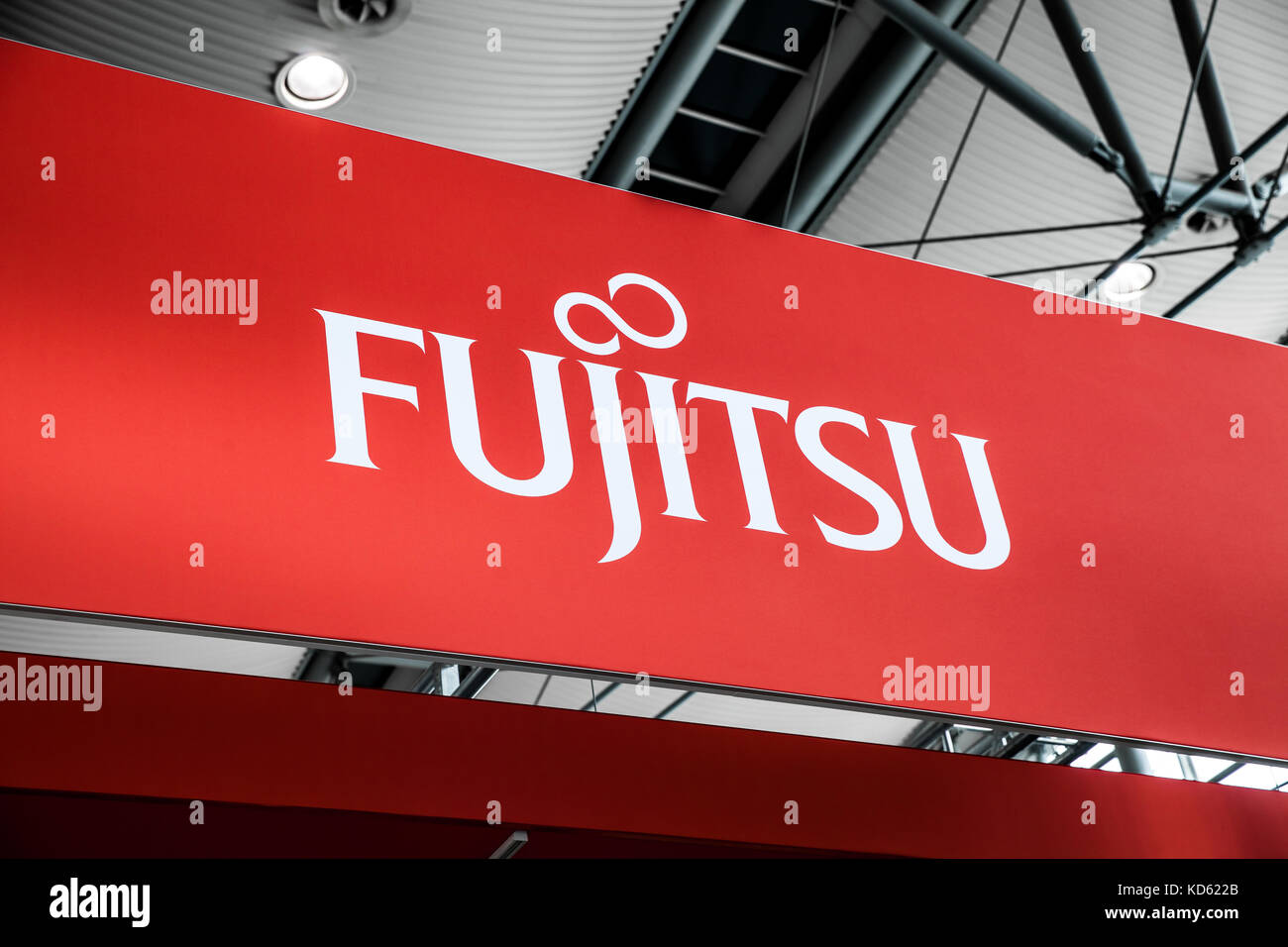 Fujitsu company logo sign on exhibition fair Cebit 2017 in Hannover Messe, Germany Stock Photo