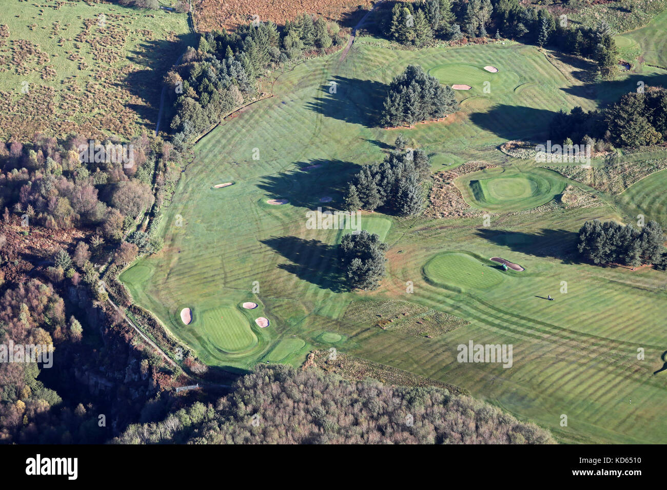 aerial view of a golf hole with fairway, green & bunkers, Lancashire, UK Stock Photo