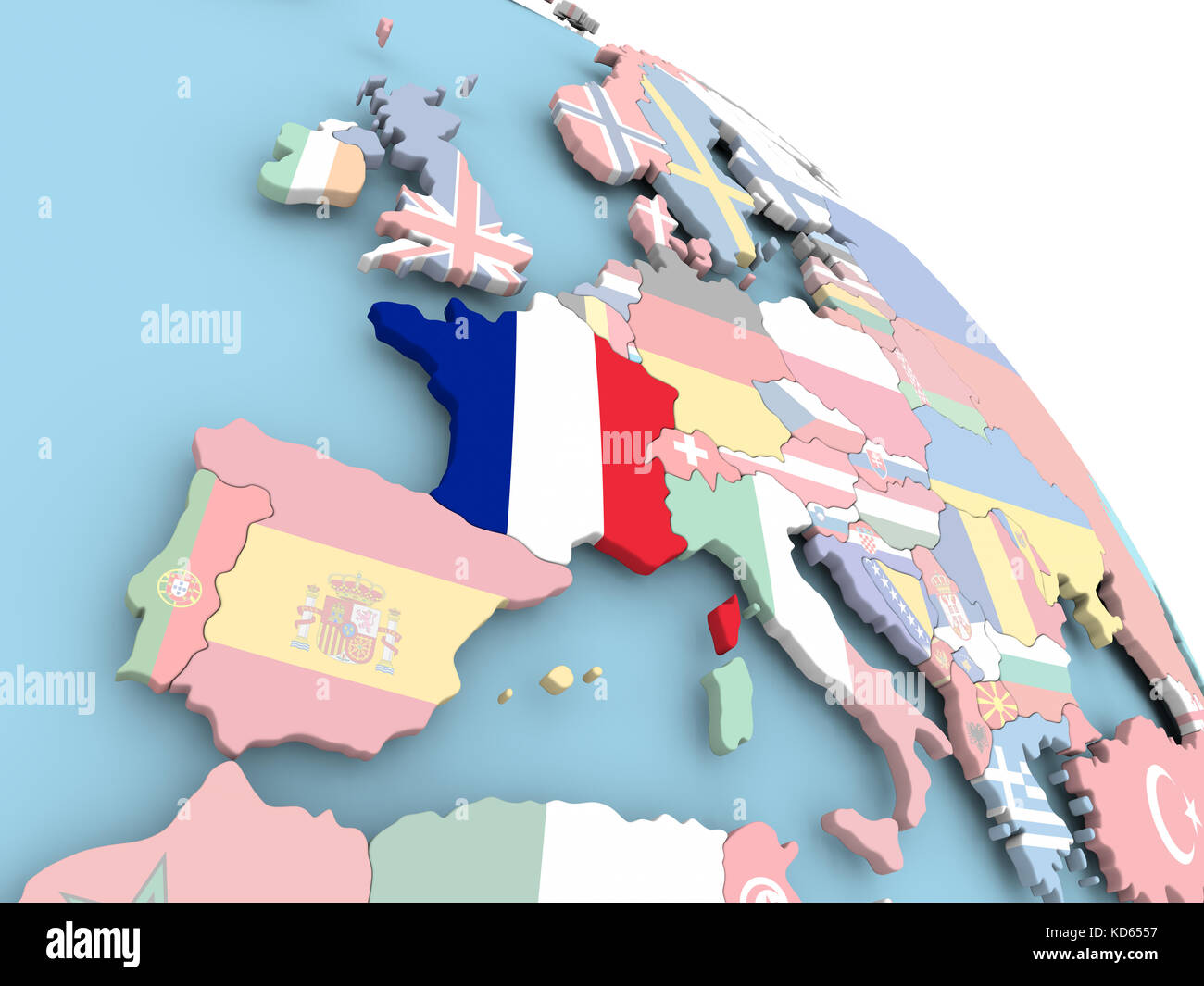 3D render of France with flag on bright globe. 3D illustration Stock ...