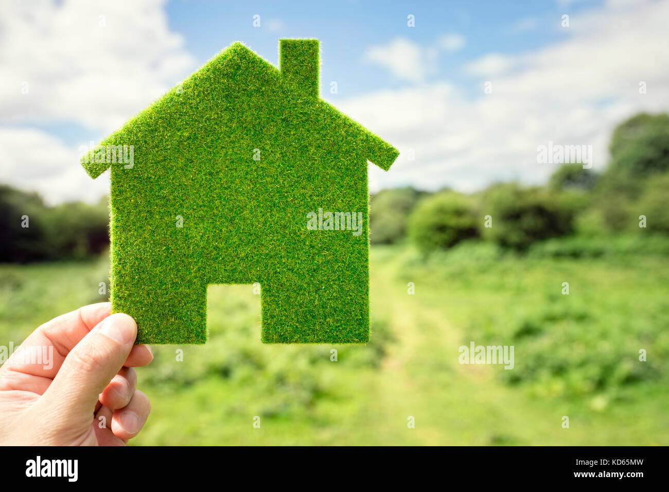 Green eco house environmental background in field for future residential building plot Stock Photo