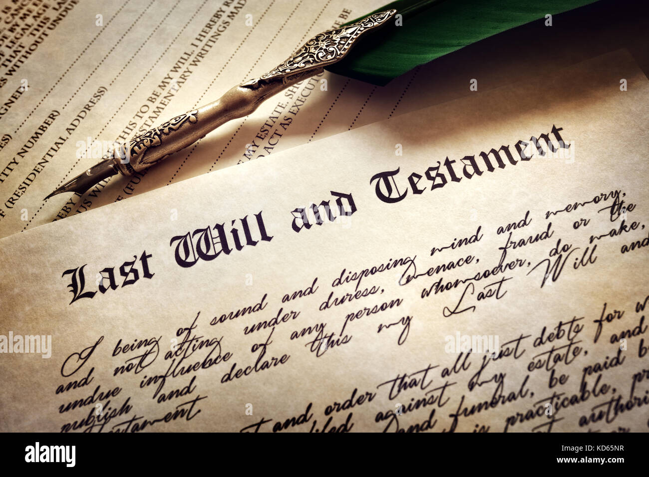 Last Will and Testament document with quill pen and handwriting Stock Photo