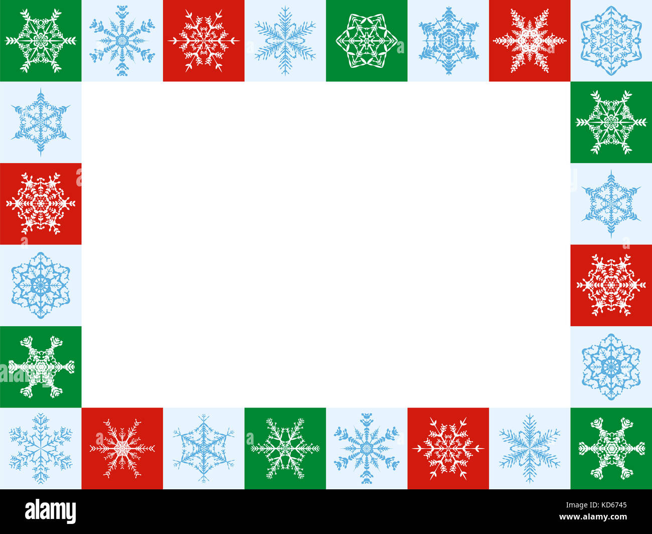 Snowflakes christmas frame, horizontal format - twenty-four artful red, green and white tiles - illustration with white blank center. Stock Photo