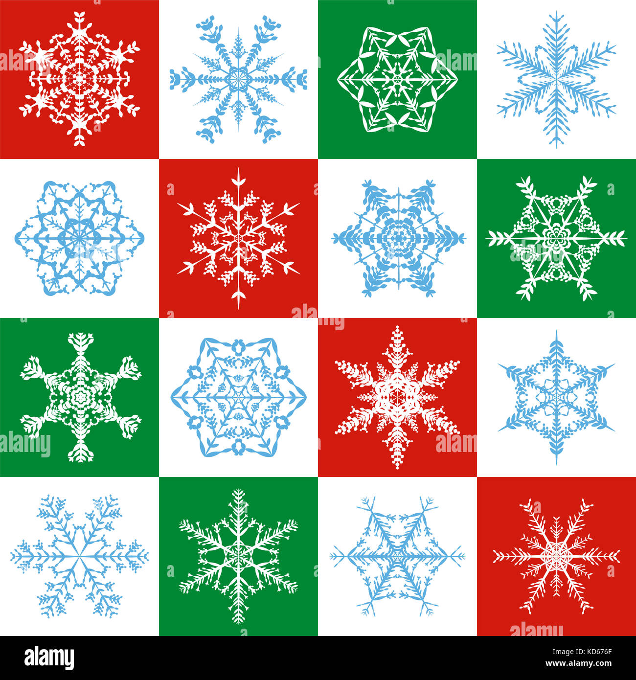 Snowflakes pattern - delicate red, green, white christmas background with sixteen different designs - seamless extendable square size. Stock Photo