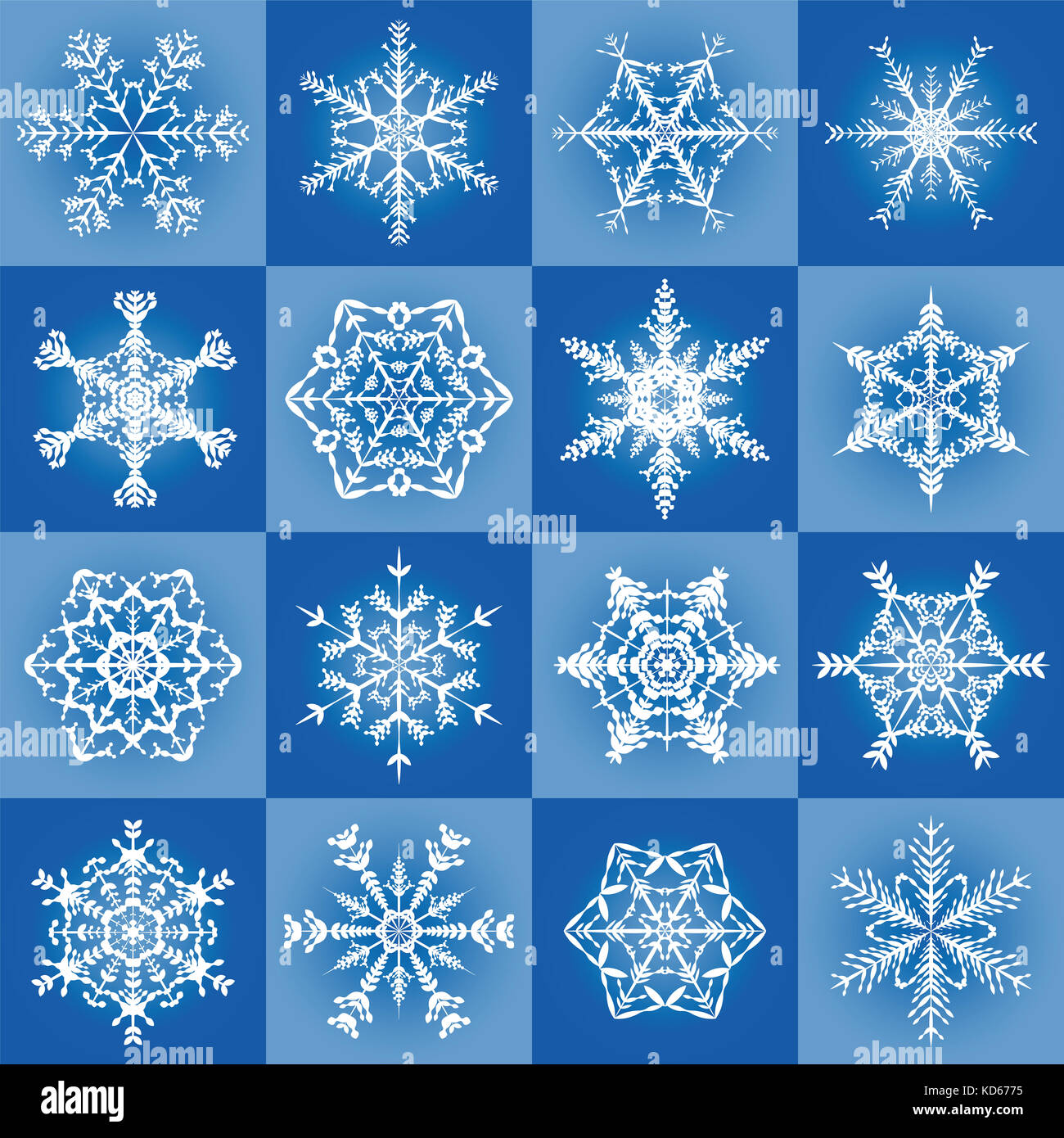 Snowflakes - filigree blue christmas pattern background with sixteen different tiles - seamless extendable illustration. Stock Photo