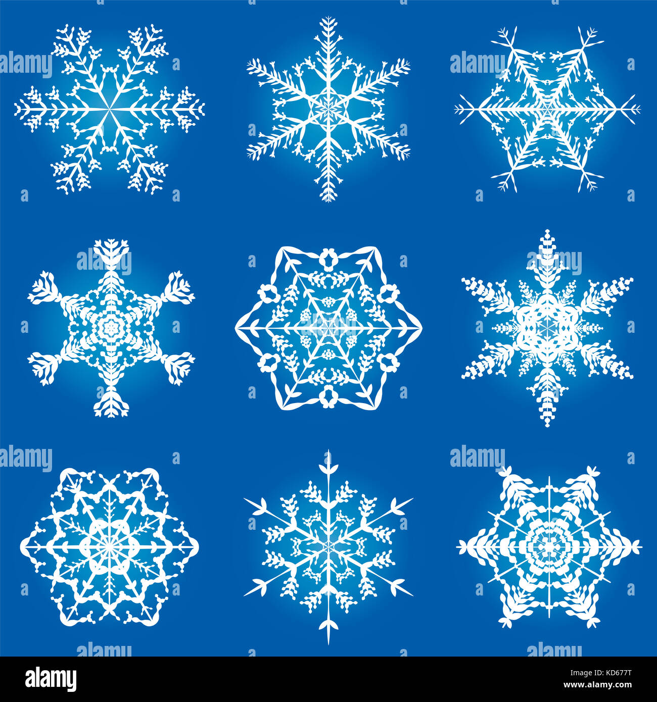 Snowflakes ornate pattern - nine filigree, graceful, delicate illustration snowflakes on square format blue gradient background. Stock Photo