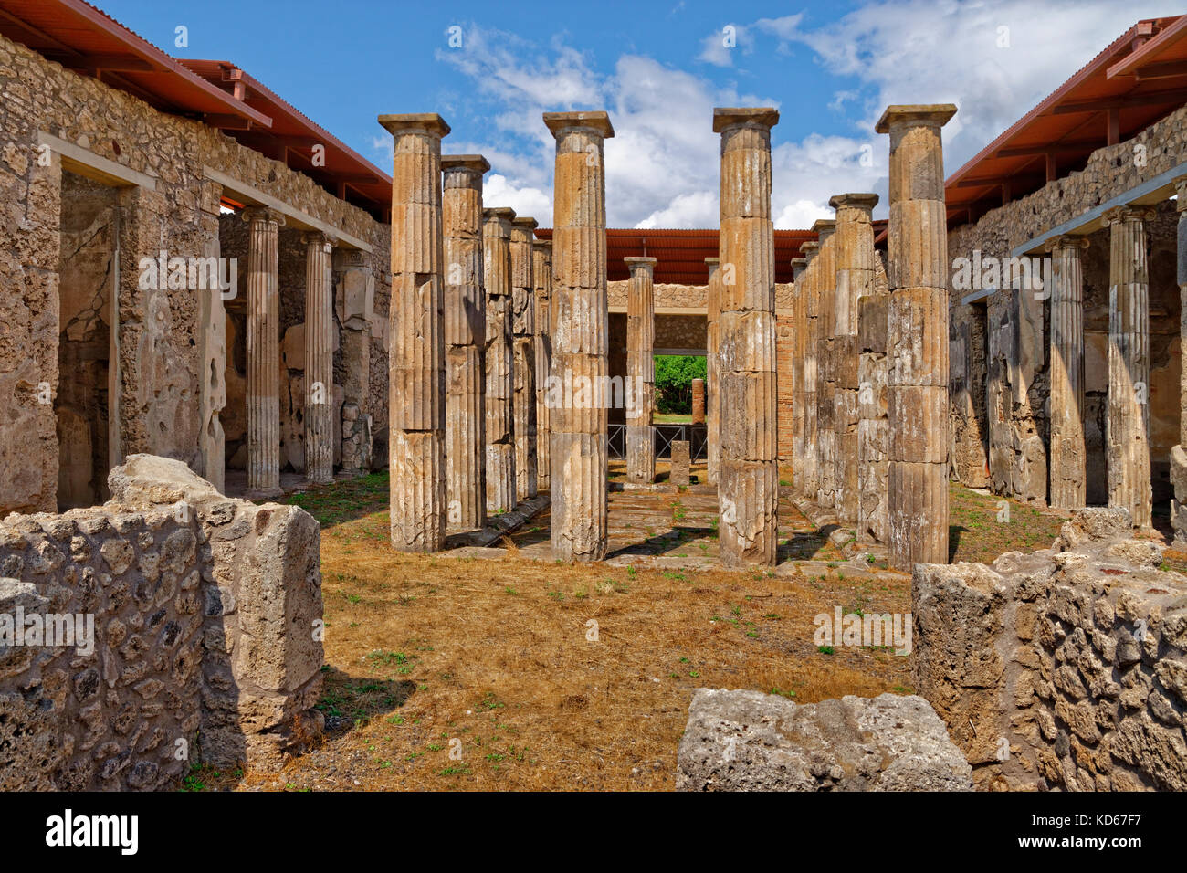 Columned atrium at ruined Roman city of Pompeii at Pompei Scavi, near Naples, Southern Italy. Stock Photo