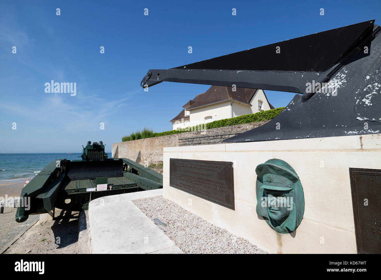 Memorial Honouring Major Allan Beckett MBE for his contribution to the design of the Mulbery Harbour at Arromanches, Normandy, France Stock Photo - Alamy