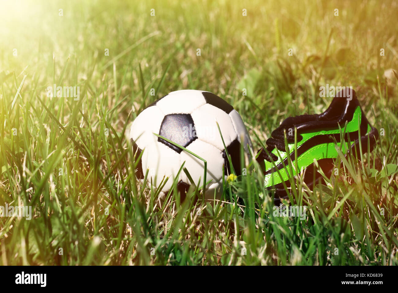 Soccer ball on grass in the sunlight Stock Photo