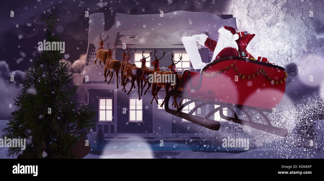 Santa Claus riding on sled during Christmas against moon lighting house Stock Photo
