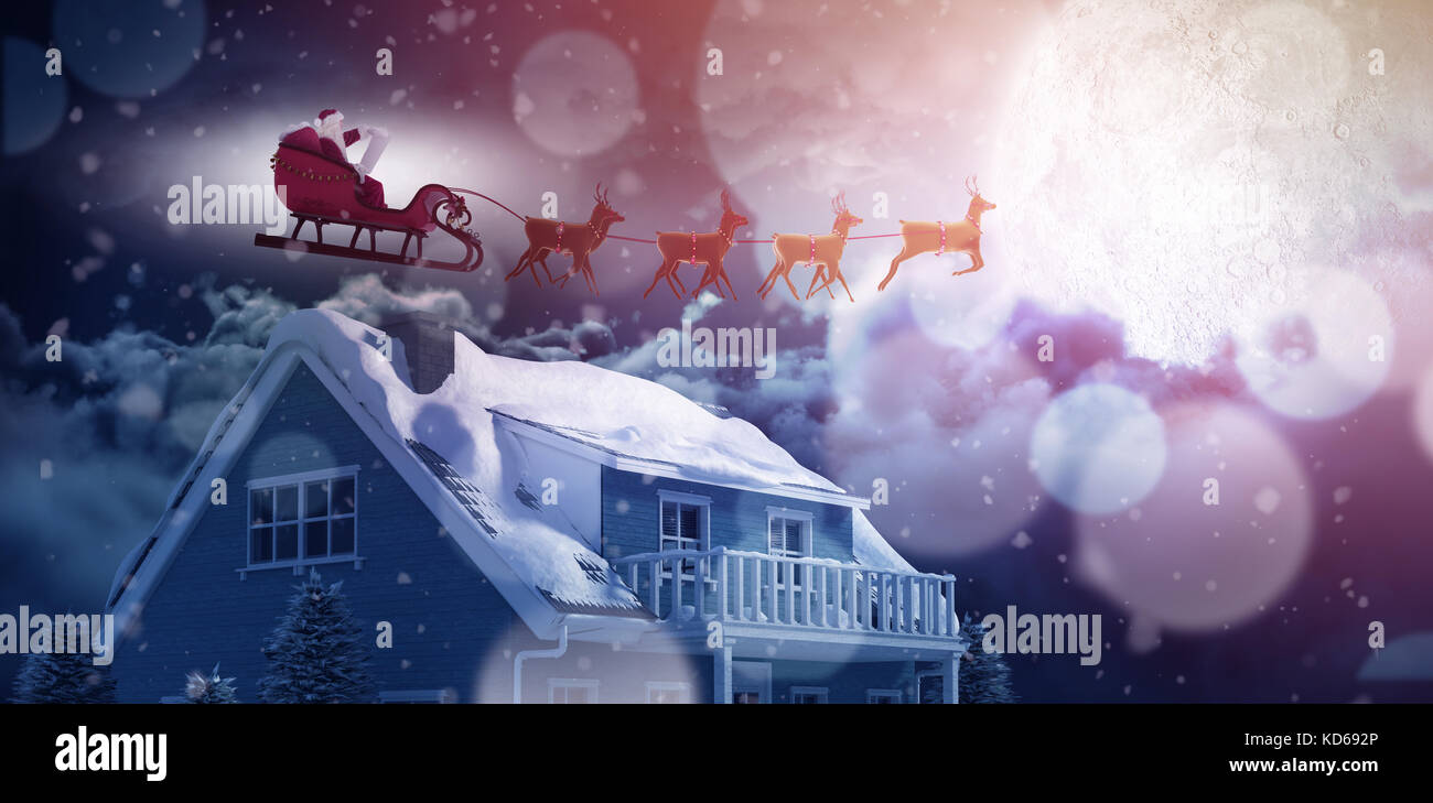 Side view of Santa Claus riding on sleigh during Christmas against moon lighting house Stock Photo