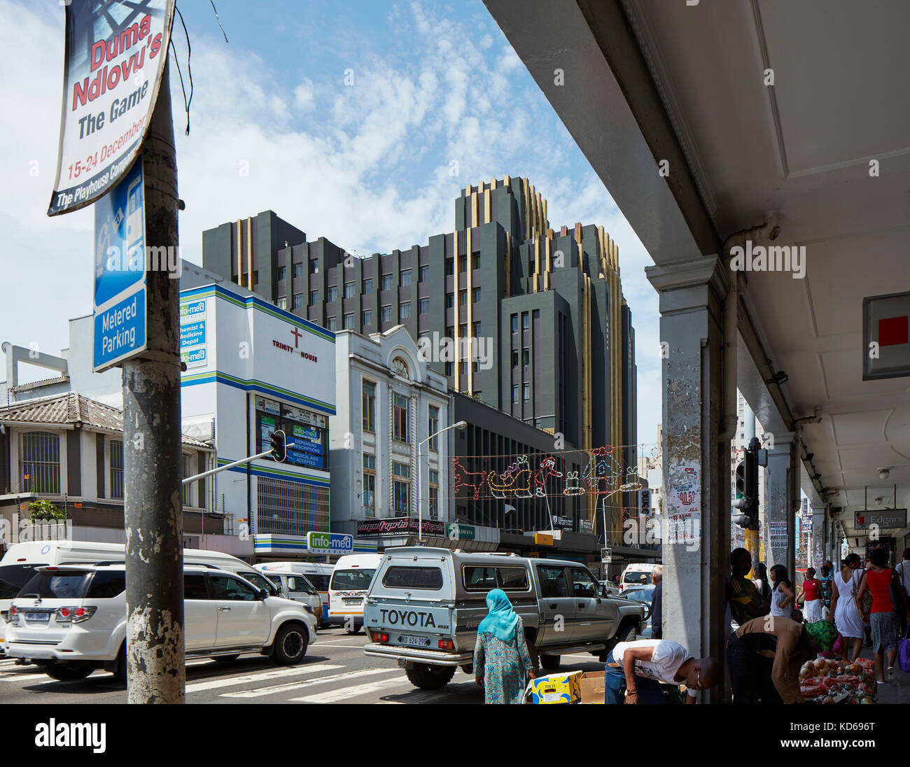 Busy Durban street scene with Pixley House beyond. Pixley House, Durban
