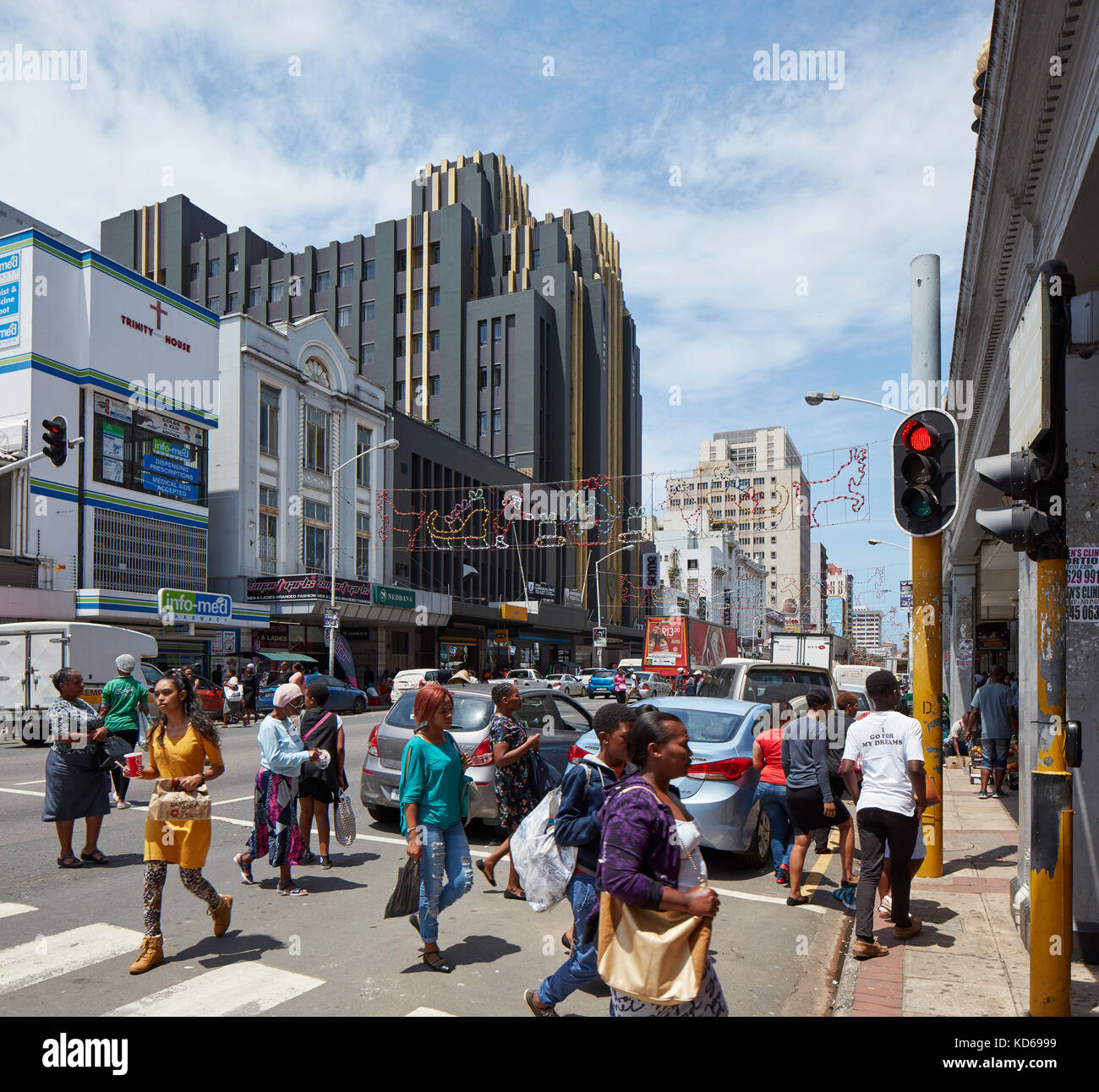 Busy Durban street scene with Pixley House beyond. Pixley House, Durban