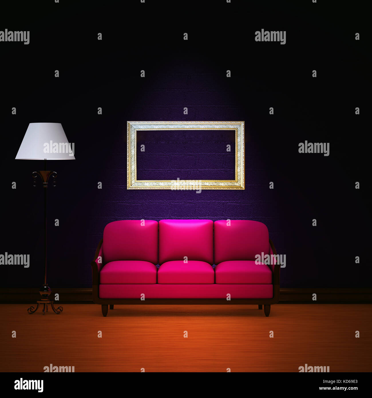 Pink Couch With Empty Frame And Standard Lamp In Dark Purple Stock